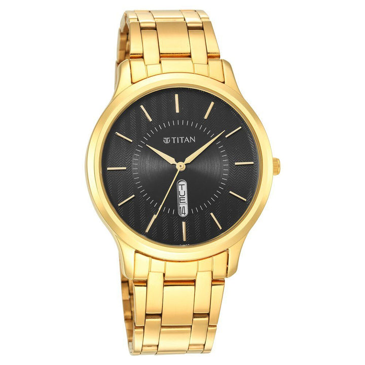 Titan Karishma Quartz Analog with Day and Date Black Dial Golden Stainless Steel Strap Watch For Men - The Watch Factory ®