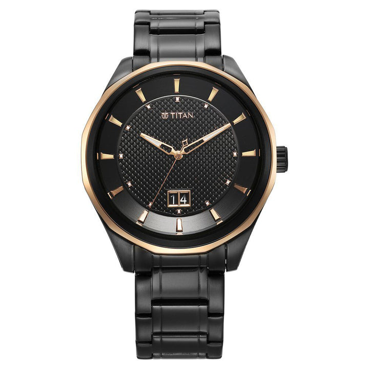 Titan Regalia Opulent Quartz Analog with Date Black Dial Black Stainless Steel Strap Watch for Men 1829KM04