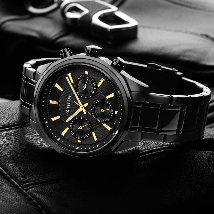 Titan Regalia Opulent Multifunction Black Dial Black Stainless Steel Strap Watch For Men - The Watch Factory ®