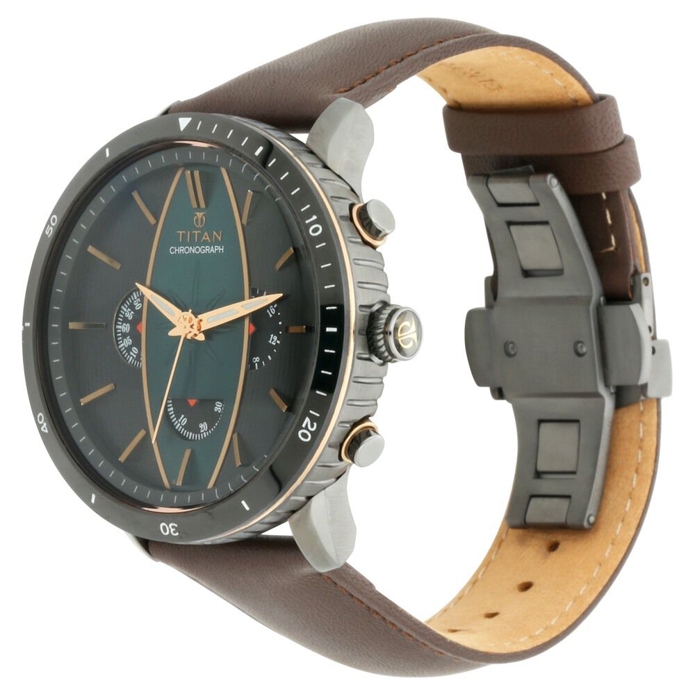 Titan Quartz Chronograph Green Dial Leather Strap Watch for Men NQ1832KL01