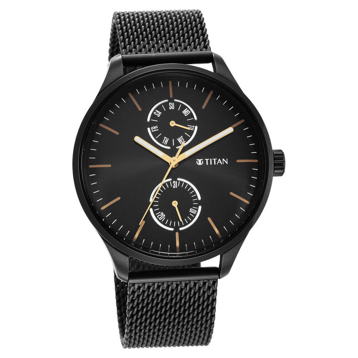 Titan Black and Gold Black Dial Analog with Day and Date Stainless Steel Strap Watch for Men-NS1833NM01