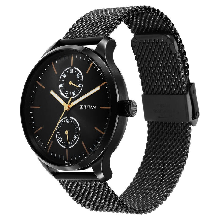 Titan Black and Gold Black Dial Analog with Day and Date Stainless Steel Strap Watch for Men-NS1833NM01