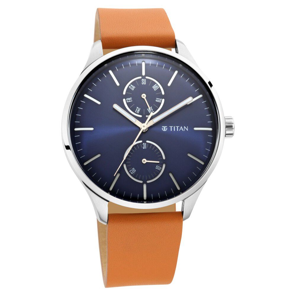 Titan Evoke Blue Dial Analog DayDate Quartz Leather Strap Watch for Men - The Watch Factory ®