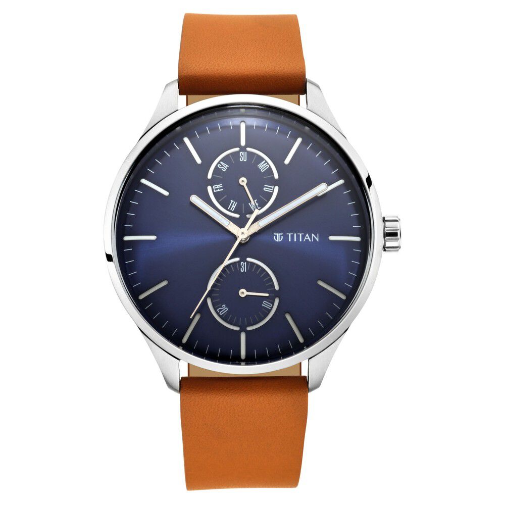 Titan Evoke Blue Dial Analog DayDate Quartz Leather Strap Watch for Men - The Watch Factory ®