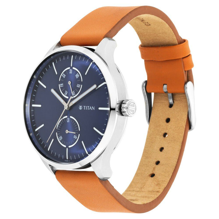 Titan Evoke Blue Dial Analog DayDate Quartz Leather Strap Watch for Men - The Watch Factory ®