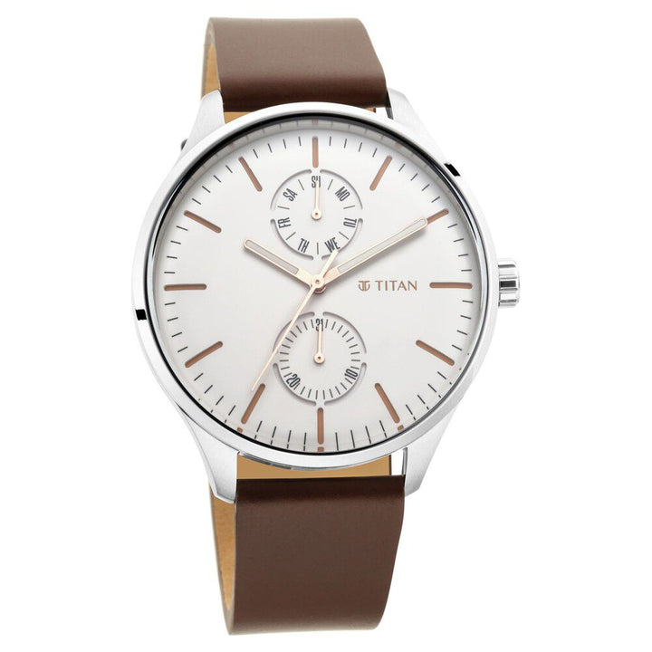 Titan Evoke White Dial Analog with Day and Date Stainless Steel Strap Watch for Men - The Watch Factory ®