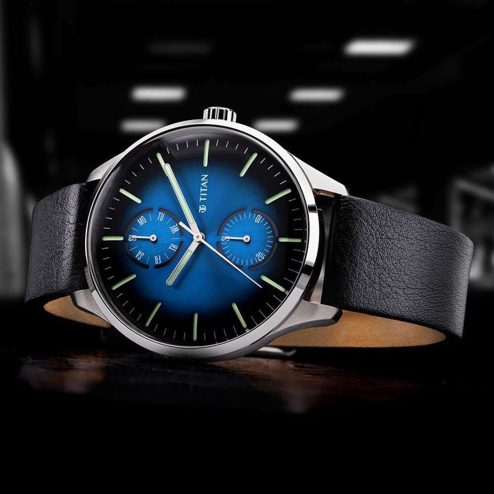 Titan Evoke Blue Dial Analog with Day and Date Leather Strap Watch for Men-NS1833SL03