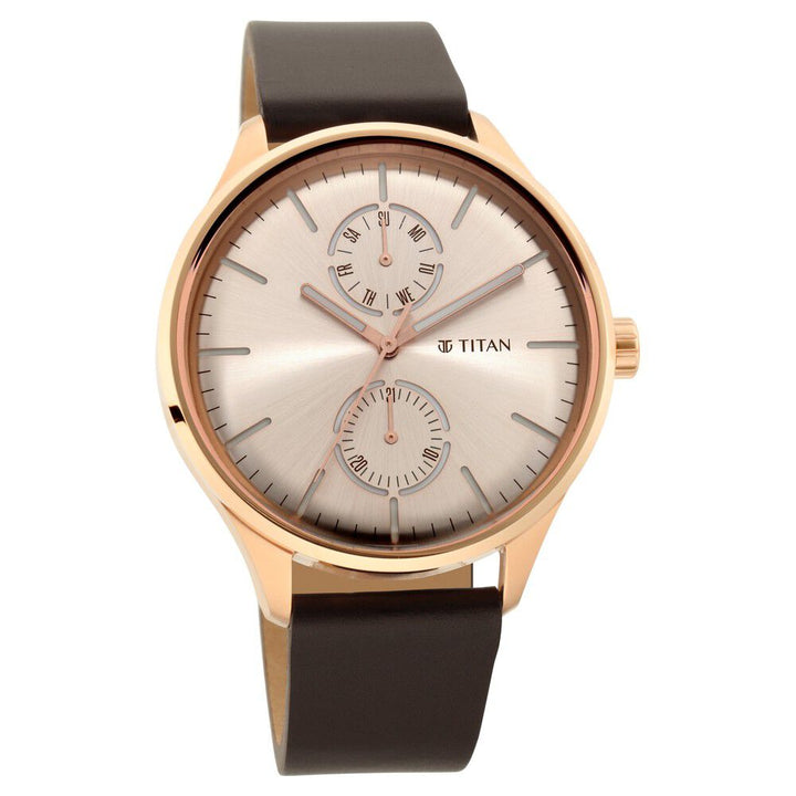 Titan Evoke Champagne Dial Analog with Day and Date Stainless Steel Strap watch for Men NS1833WL01