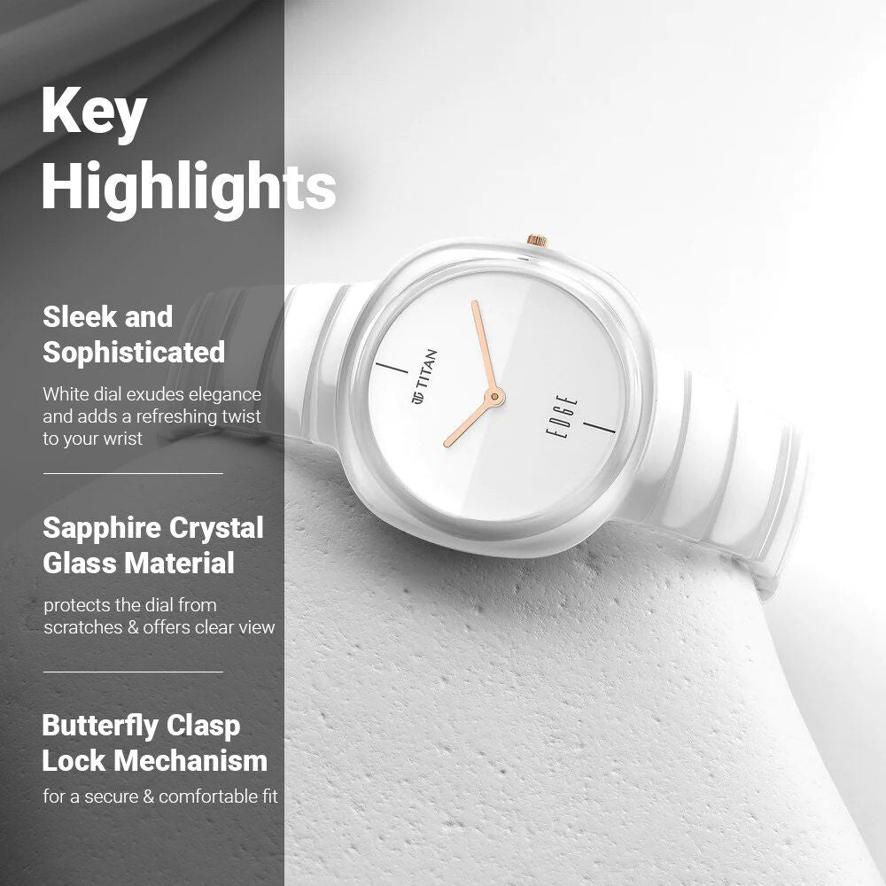 Titan Edge Squircle Quartz in Arctic White with Glossy Ceramic Unisex Watch - The Watch Factory ®