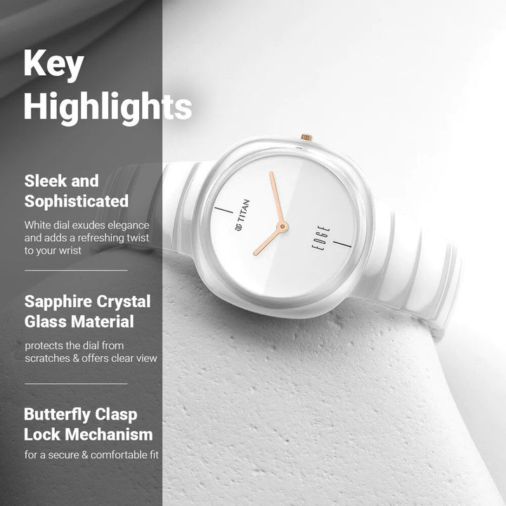 Titan Edge Squircle Quartz in Arctic White with Glossy Ceramic Unisex Watch - The Watch Factory ®