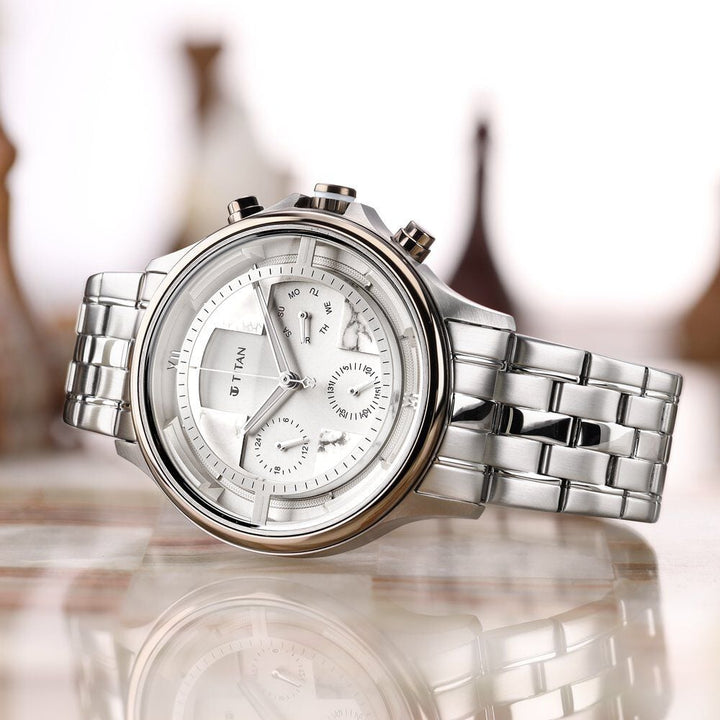 Titan Grandmaster White Dial Quartz Multifunction Stainless Steel Strap watch for Men-NS1846KM01