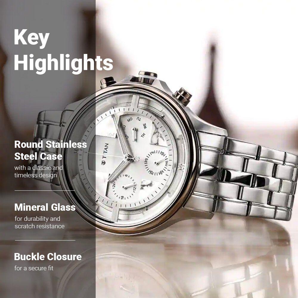 Titan Grandmaster White Dial Quartz Multifunction Stainless Steel Strap watch for Men-NS1846KM01