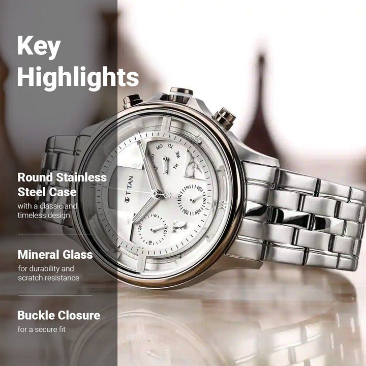 Titan Grandmaster White Dial Quartz Multifunction Stainless Steel Strap watch for Men-NS1846KM01