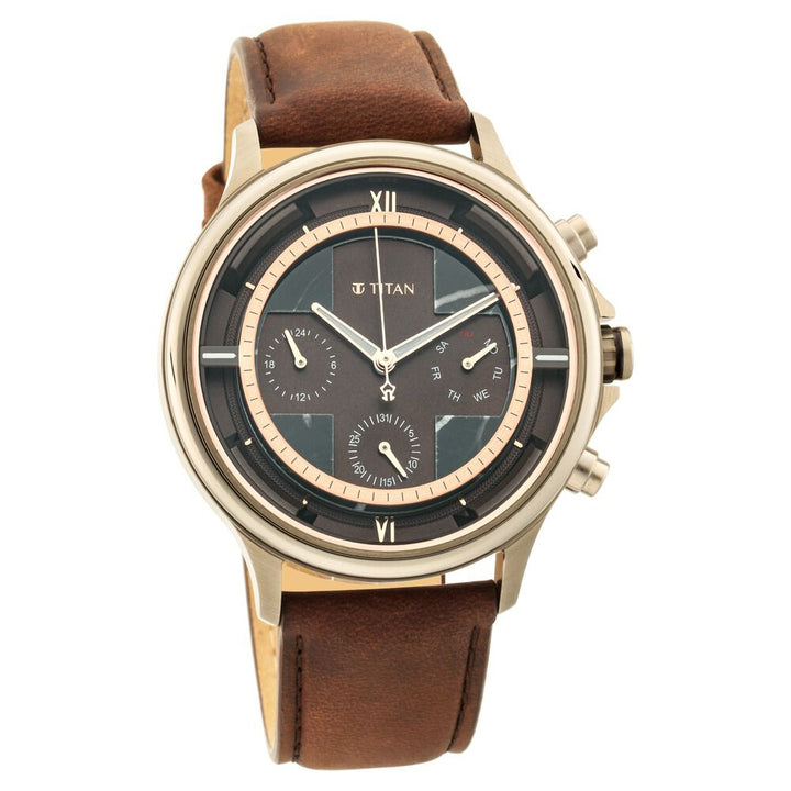 Titan Grandmaster Brown Dial Quartz Multifunction Leather Strap watch for Men-NS1846QL01