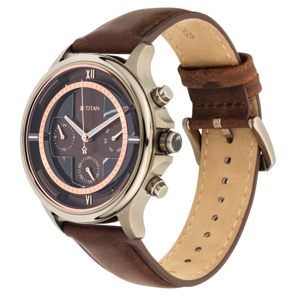 Titan Grandmaster Brown Dial Quartz Multifunction Leather Strap watch for Men-NS1846QL01