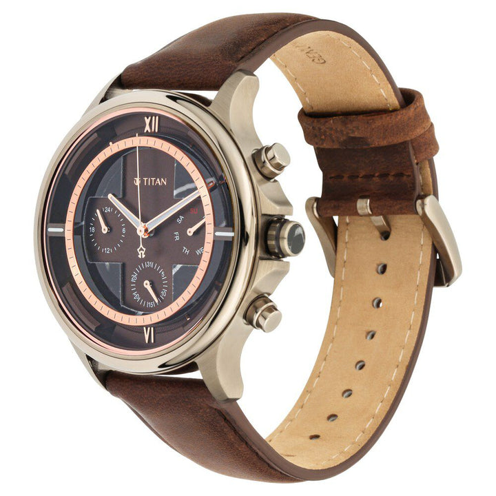 Titan Grandmaster Brown Dial Quartz Multifunction Leather Strap watch for Men-NS1846QL01
