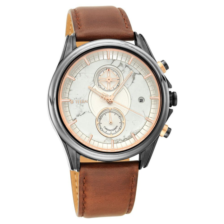 Titan Grandmaster White Dial Chronograph Leather Strap Watch for Men-NQ1847KL01