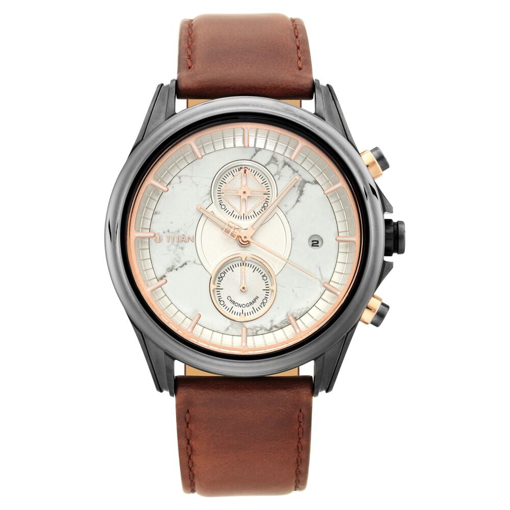 Titan Grandmaster White Dial Chronograph Leather Strap Watch for Men-NQ1847KL01