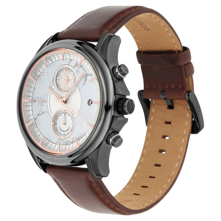 Titan Grandmaster White Dial Chronograph Leather Strap Watch for Men-NQ1847KL01