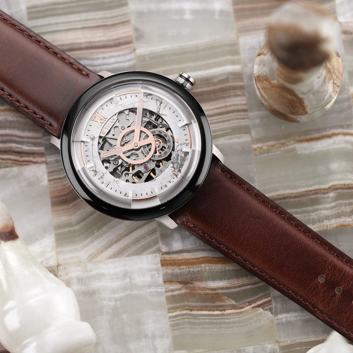 Titan Grandmaster White Dial Automatic Leather Strap watch for Men-NR1848KL01