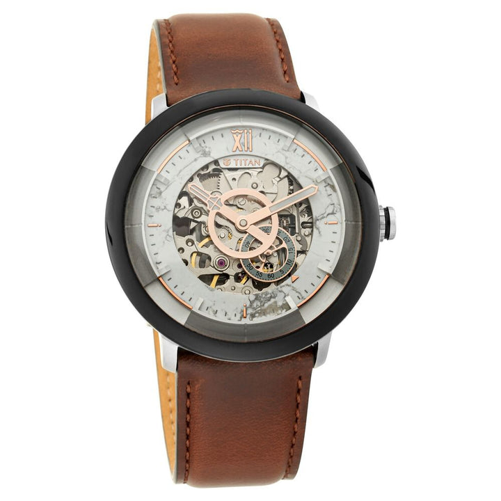 Titan Grandmaster White Dial Automatic Leather Strap watch for Men-NR1848KL01