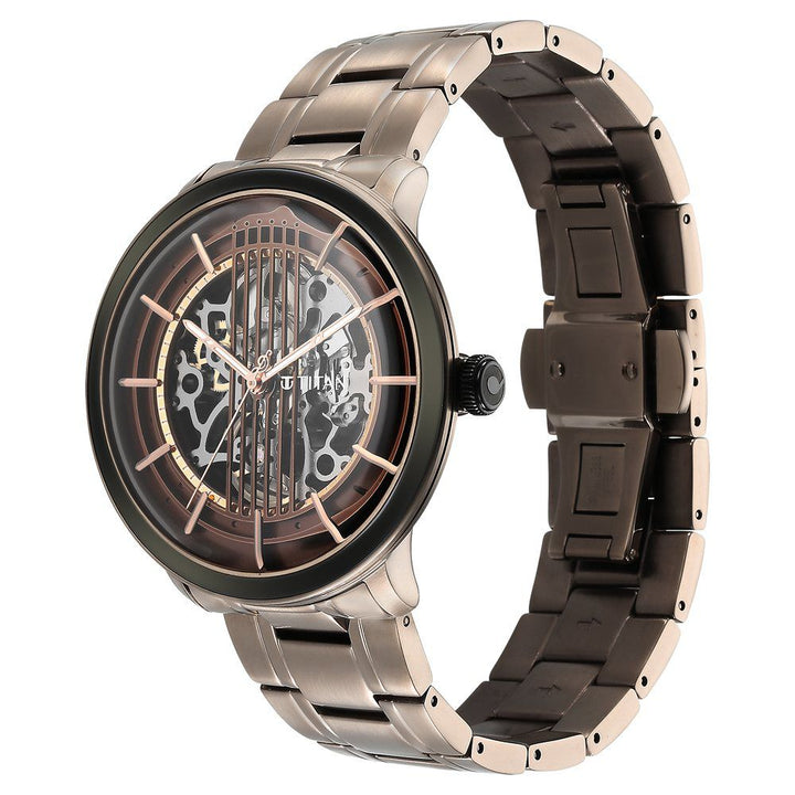 Titan Quartet Brown Dial Automatic Stainless Steel Strap Watch for Men - The Watch Factory ®