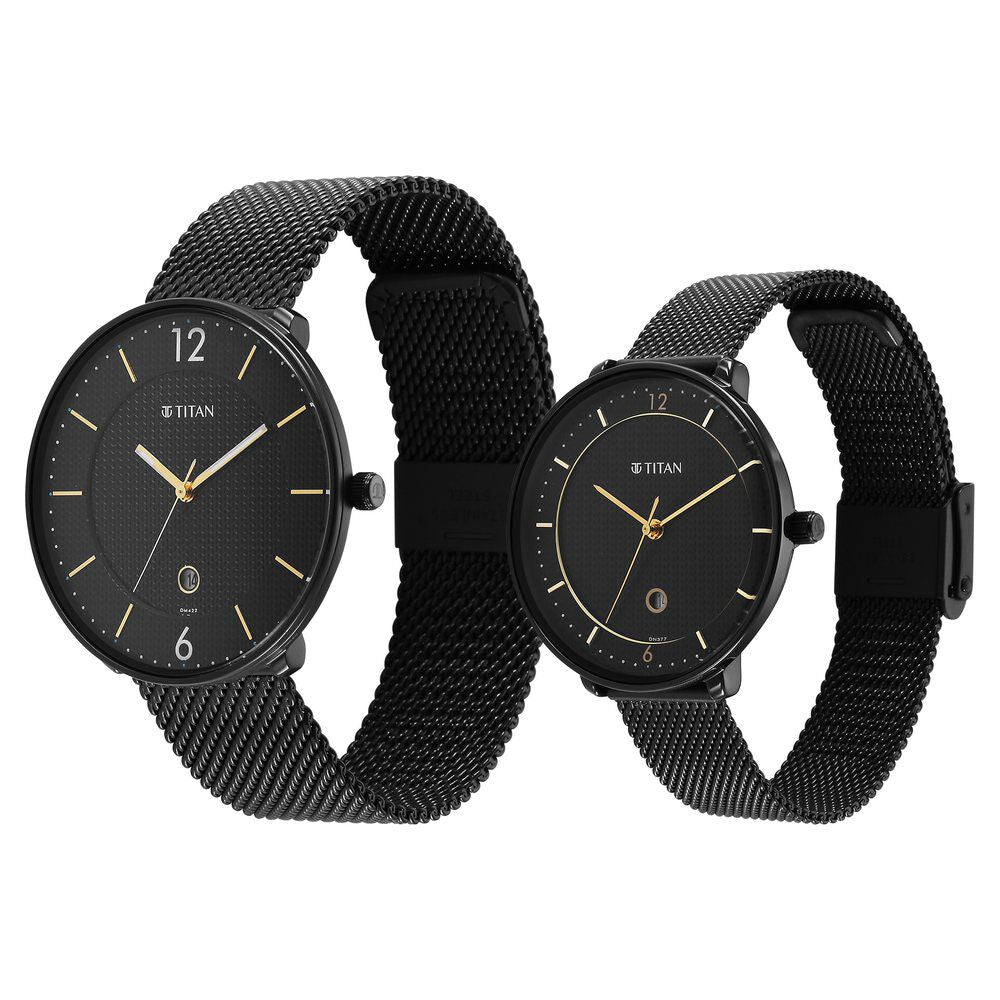 Titan Bandhan Black Dial Analog with Date Stainless Steel Strap watch for Couple - The Watch Factory ®