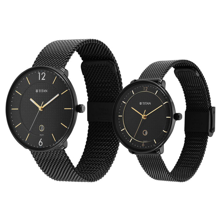 Titan Bandhan Black Dial Analog with Date Stainless Steel Strap watch for Couple - The Watch Factory ®