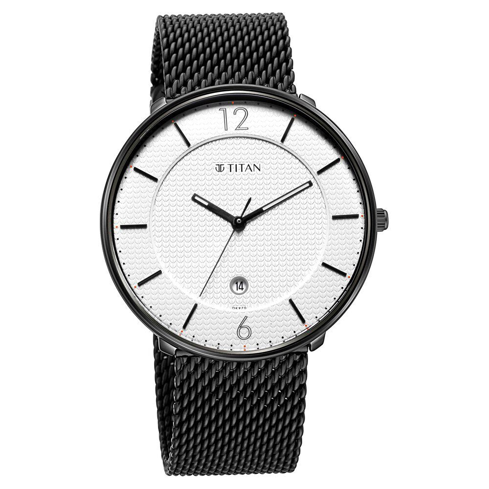 Titan Minimals White Analog with Date Stainless Steel Strap watch for Men NS1849NM01