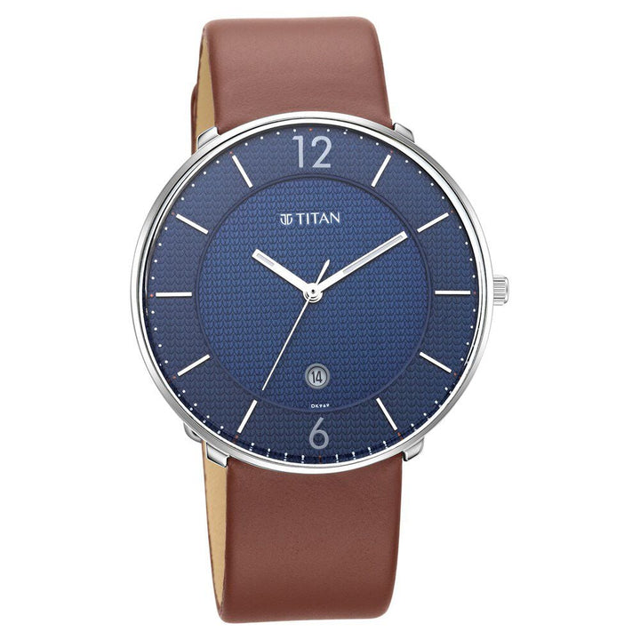 Titan Quartz Analog with Date Blue Dial Leather Strap Watch for Men-NS1849SL03