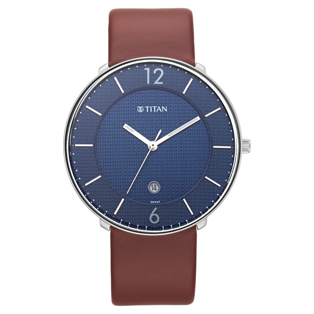 Titan Quartz Analog with Date Blue Dial Leather Strap Watch for Men-NS1849SL03