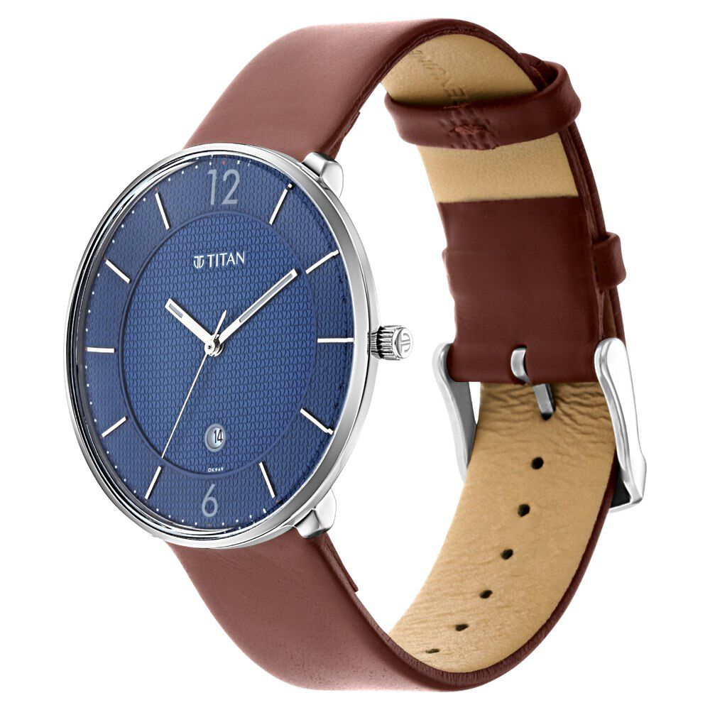 Titan Quartz Analog with Date Blue Dial Leather Strap Watch for Men-NS1849SL03