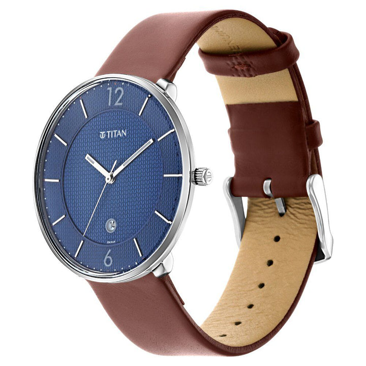 Titan Quartz Analog with Date Blue Dial Leather Strap Watch for Men-NS1849SL03