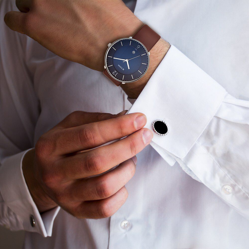 Titan Quartz Analog with Date Blue Dial Leather Strap Watch for Men-NS1849SL03