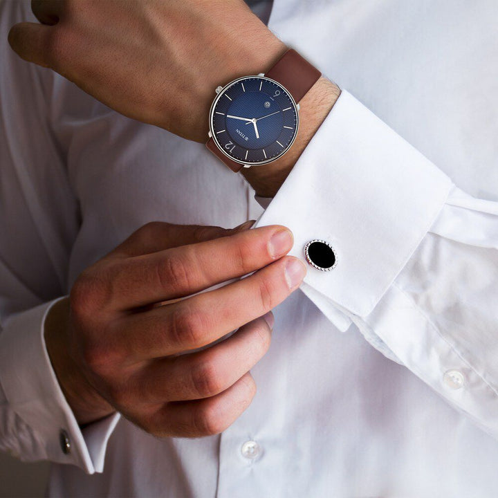 Titan Quartz Analog with Date Blue Dial Leather Strap Watch for Men-NS1849SL03