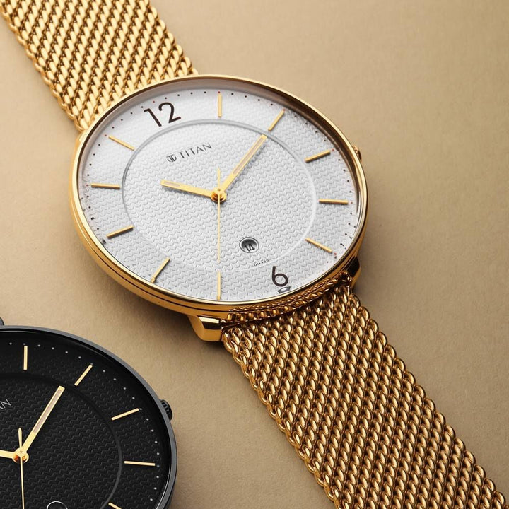 Titan Black and Gold Quartz Analog with Date Silver Dial Stainless Steel Strap Watch for Men-NT1849YM01