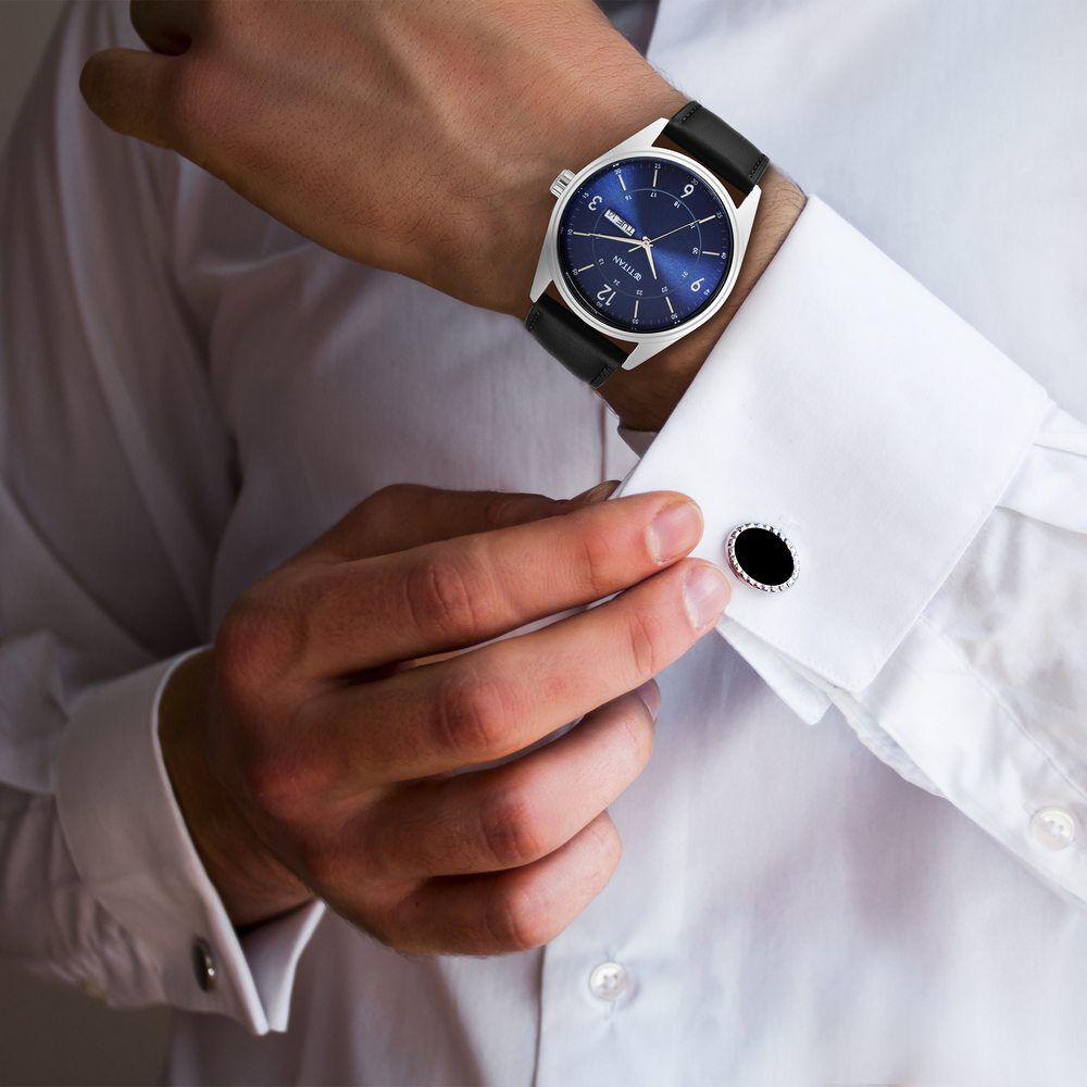 Titan Quartz Analog Blue Dial Leather Strap Watch for Men-NP1864SL02