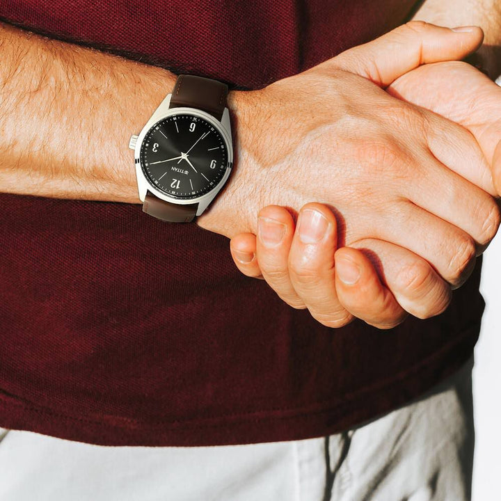 Titan Quartz Analog Black Dial Stainless Steel Strap Watch for Men-NP1864SL05