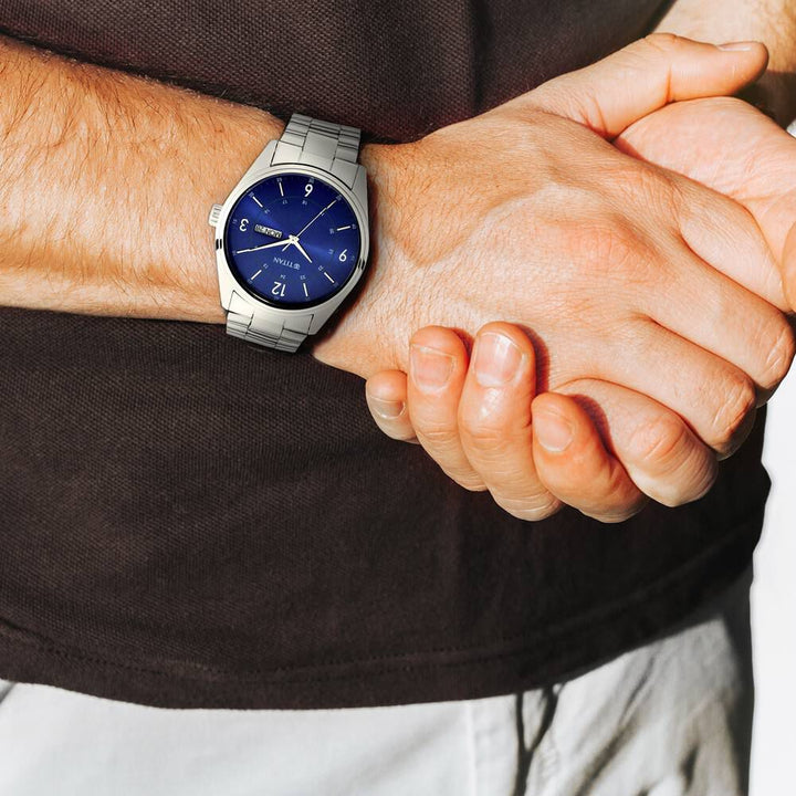 Titan Blue Dial Analog with Day and DateStainless Steel Strap watch for Men-NP1864SM03