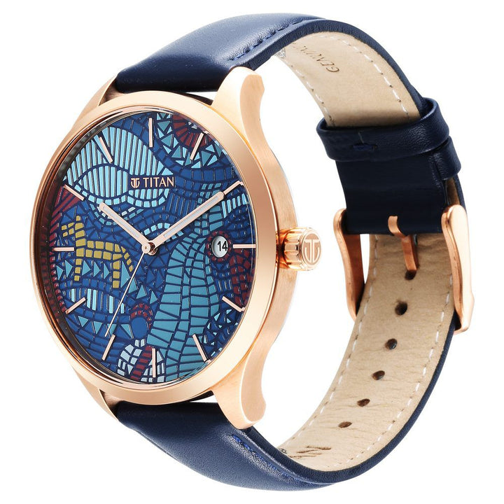 Titan Punjab Collection Blue Dial Analog with Date Leather Strap Watch for Men - The Watch Factory ®