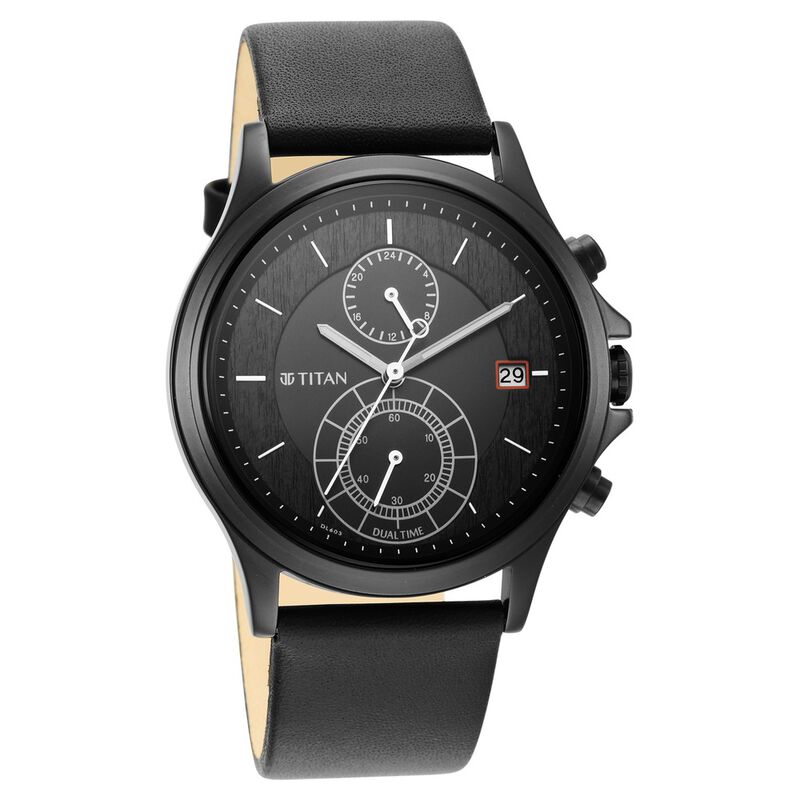 Titan Workwear Black Dial Dual Time Leather Strap Watch For Men