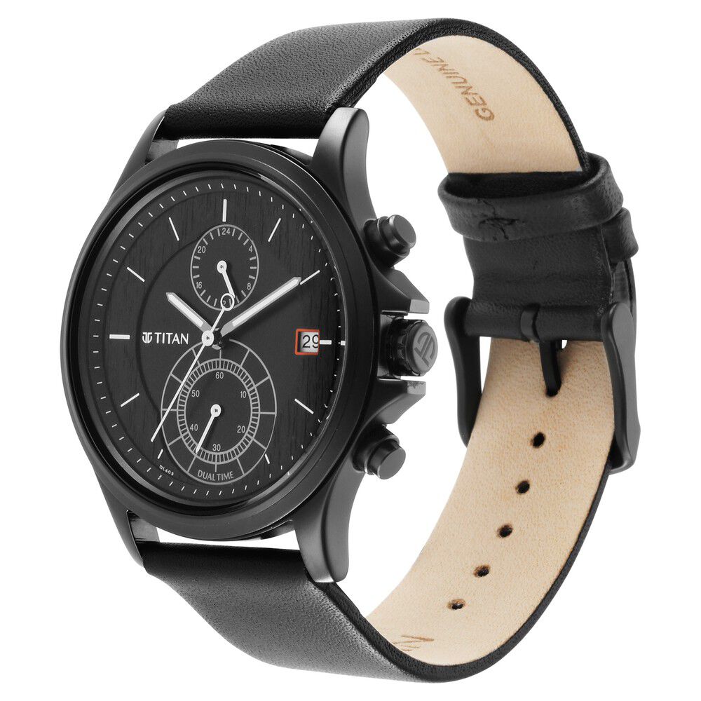 Titan Workwear Black Dial Dual Time Leather Strap watch for Men NS1870NL01