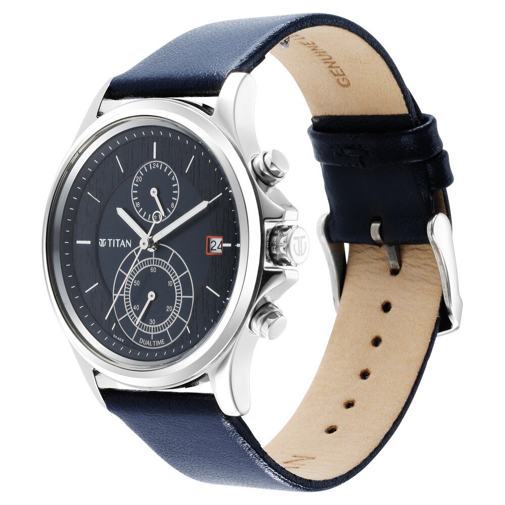 Titan Workwear Blue Dial Dual Time Leather Strap watch for Men NS1870SL01