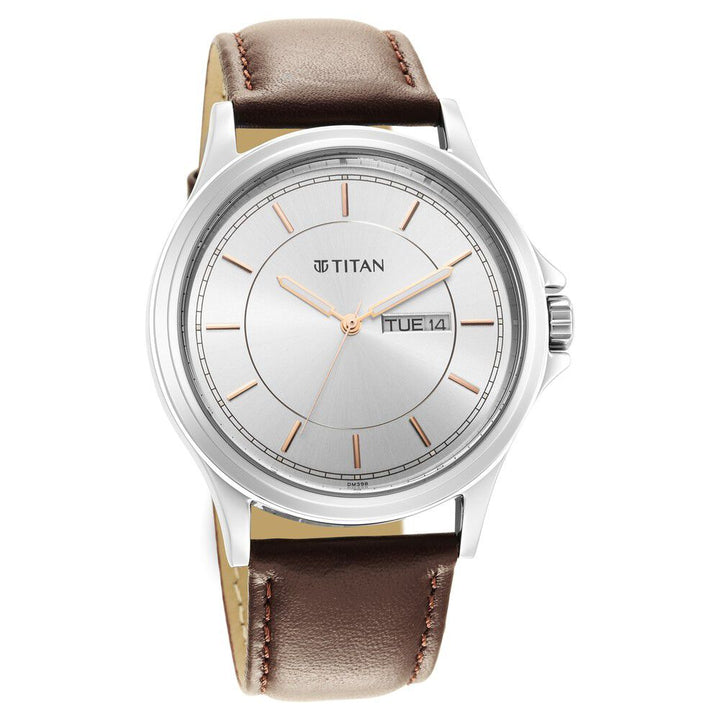 Titan Quartz Analog Silver White Dial Leather Strap Watch for Men-1870SL03