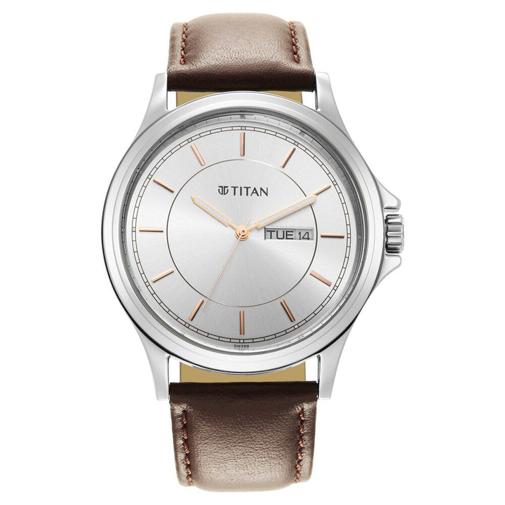 Titan Quartz Analog Silver White Dial Leather Strap Watch for Men-1870SL03