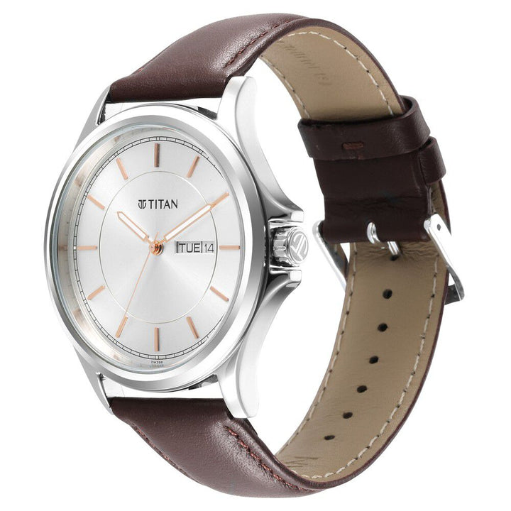 Titan Quartz Analog Silver White Dial Leather Strap Watch for Men-1870SL03