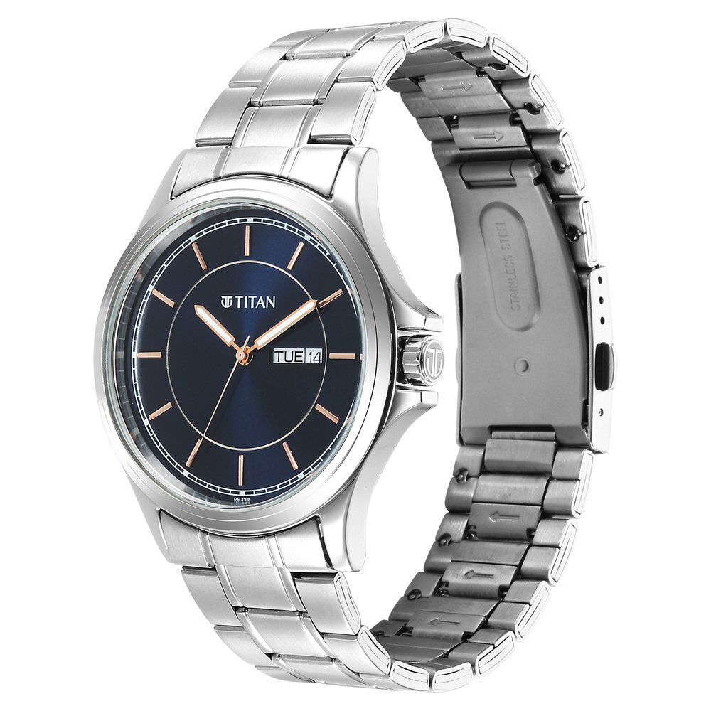Titan Quartz Analog Blue Dial Metal Strap Watch for Men-1870SM04