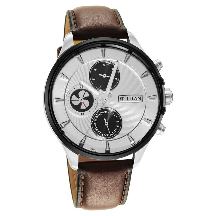 Titan Maritime White Dial Quartz Multifunction Leather Strap Watch for Men NS1873KL01