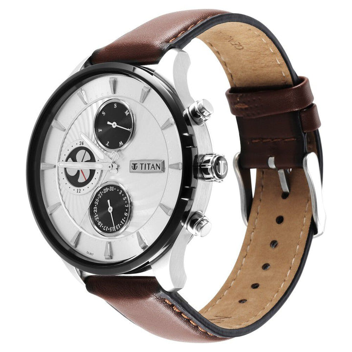 Titan Maritime White Dial Quartz Multifunction Leather Strap Watch for Men NS1873KL01