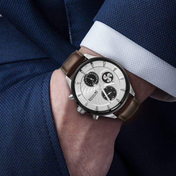 Titan Maritime White Dial Quartz Multifunction Leather Strap Watch for Men NS1873KL01